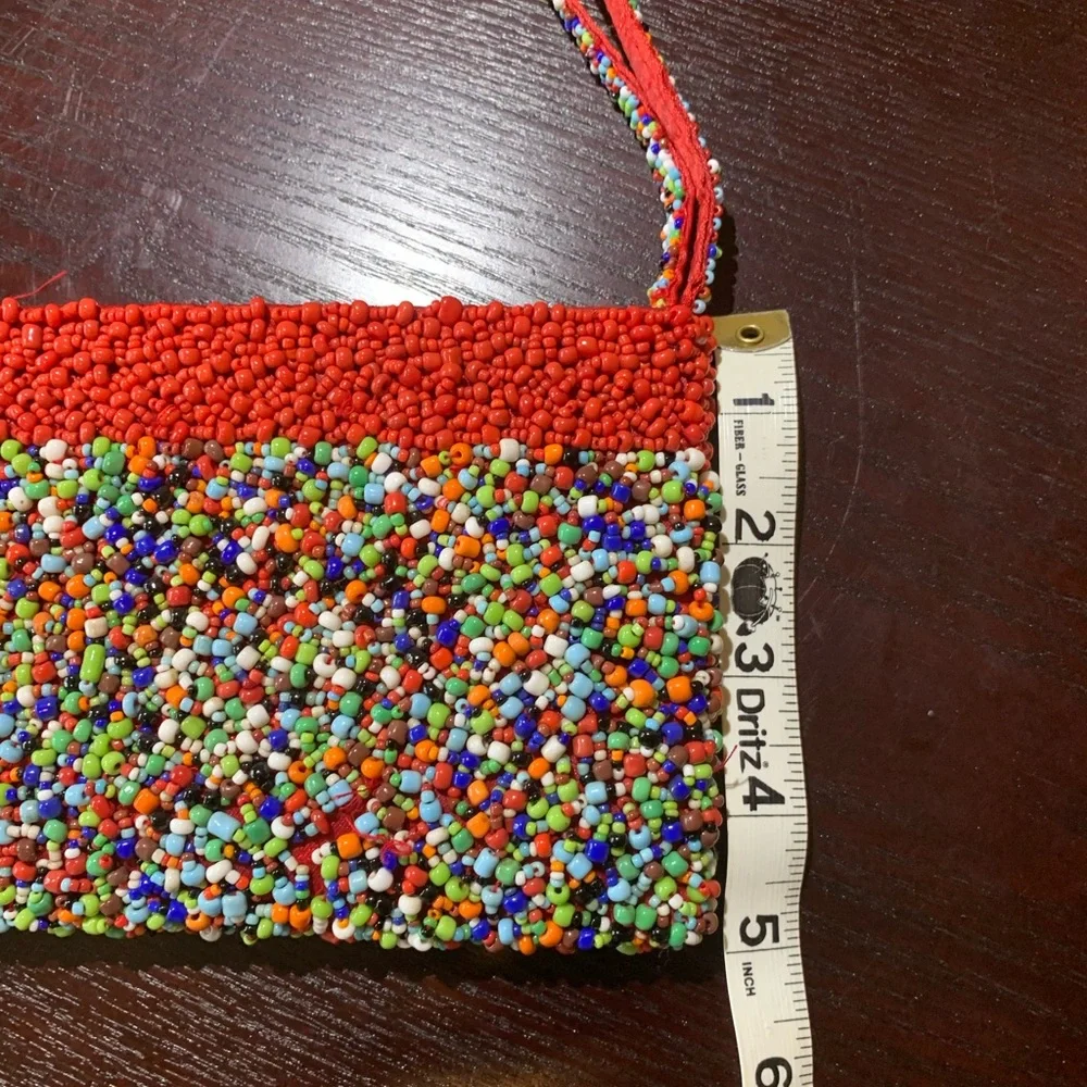 WRISTLET CLUTCH SMALL MULTICOLORED BEADED TOP ZIPPER SATIN LINING